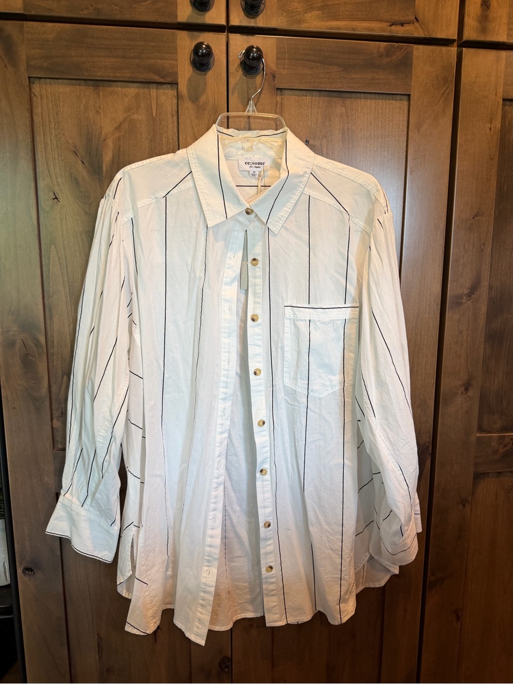 eesome White Button-Up Blouse with Thin Black Stripes